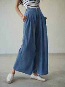 MOTF PREMIUM QUẦN JEANS CHÂN RỘNG GẤP NẾP - Màu xanh lam - Xem 5