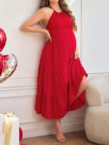 SHEIN Pregnant Women's Plain Color Spaghetti Strap Ruched Casual Dress - Red - View 5