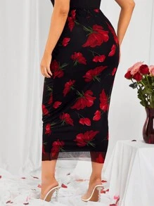 SHEIN SXY Falda de malla de cintura media con estampado floral para mujeres de talla grande, adecuada para uso diario, vacaciones, playa, fiesta, cita, cumpleaños, despedida de soltera, fiesta, baile, cita en pareja, elegante, casual, compras, uso diario, al aire libre, coqueta, fácil de combinar y que estiliza, resalta tu figura, resalta tu Body