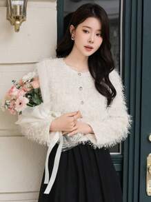 DAZY 女式素色前扣长袖简约毛绒针织上衣，休闲日常穿着，秋季女装 - 米色 - 查看 1