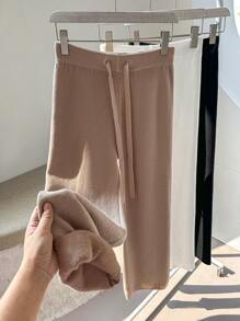 Franclia New Women High Waist Drawstring Loose Straight Leg Thick Pants, Knit Thermal Lined, Casual Style