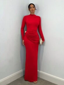 SHEIN BAE 优雅长袖连衣裙，带有金属装饰，适合女性休闲约会、郊游、夜总会派对、感恩节、圣诞节、除夕夜等场合 - 紅色 - 查看 4