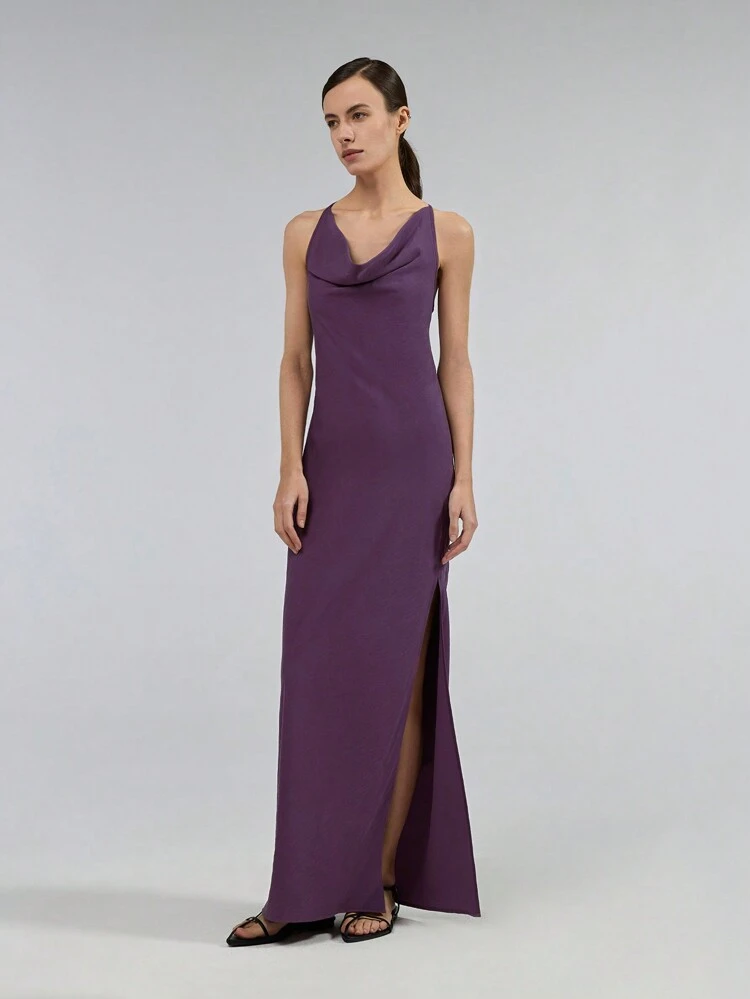 Women's 2025 Plum Purple Summer Elegant Party Night Draped Neck Backless Tie Strap Slit Dress,Fashion Valentine's Day Spring Birthday Party Dress