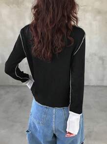 FRIFUL Women's Solid Color Splice Stand Collar Long Sleeve Simple Casual Top - Multicolor - View 5