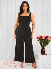 SHEIN SXY Mono negro de tiras anchas, sin espalda y decorado con lazos, para mujer talla grande, apto para uso diario, cita, cumpleaños, despedida de soltera, fiesta, baile de graduación, cita en pareja, elegante, casual, compras, uso diario, al aire libre, coqueto, fácil de combinar y estilizador, resalta tu figura, favorece tu silueta
