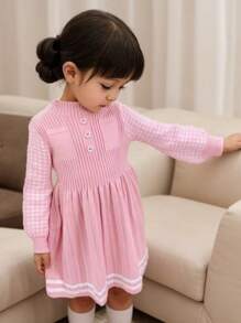 Young Girl Casual Simplistic Comfortable Ruffled Collar Houndstooth Pattern Sleeve Knitted Sweater Dress - Pink - View 3