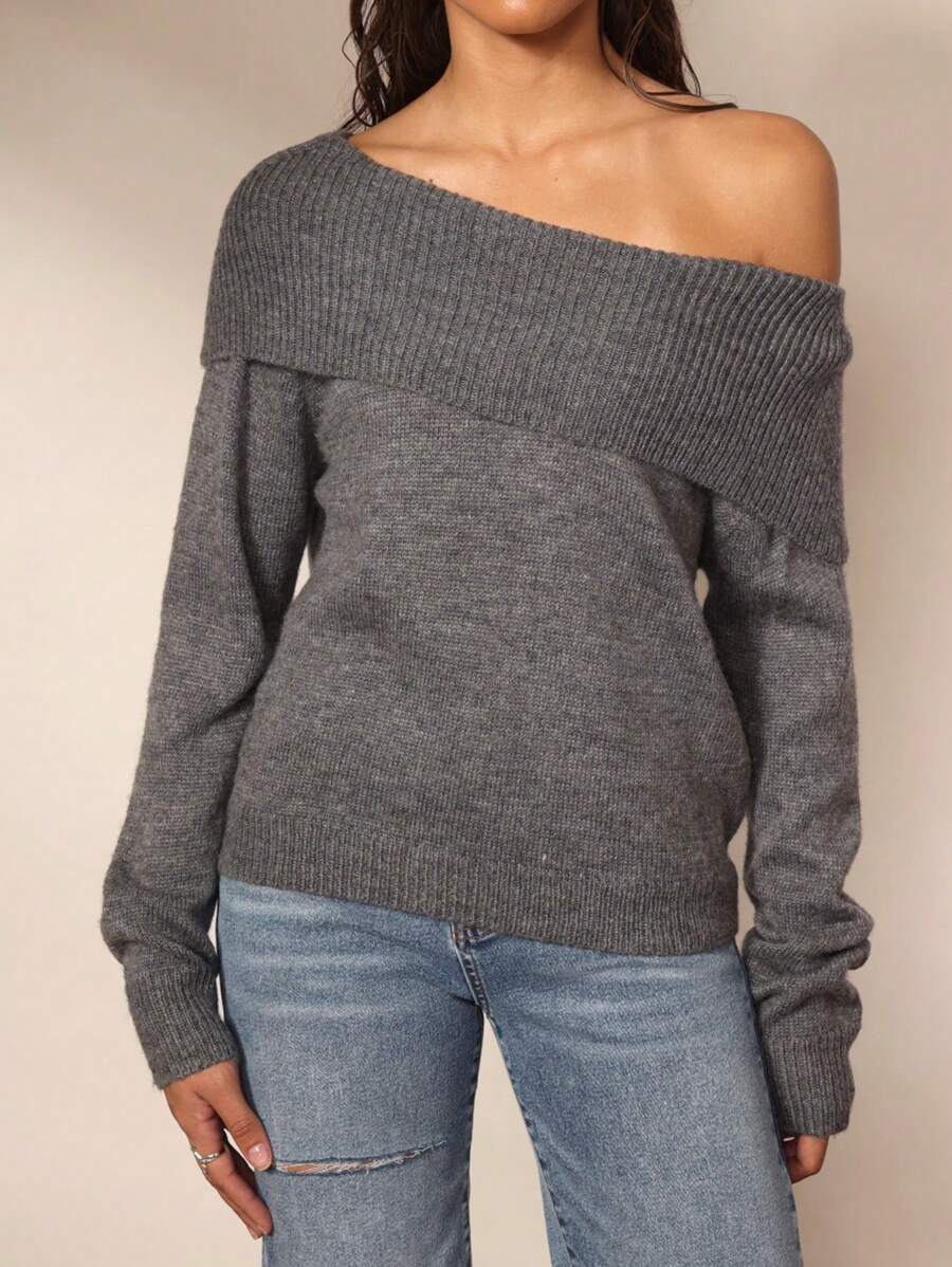 Forever 21 &F21 Warm Elegant Grey One Line Shoulder Oblique Shoulder Two Wear Knit Top - Grey - View 1