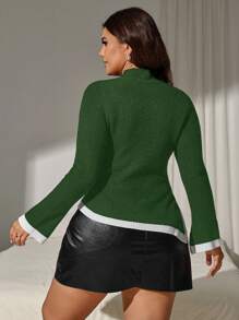 SHEIN Clasi Plus Size Solid Color Patchwork Long Sleeve Simple Casual Pullover Sweater Knit Pullover Fall Winter Sweater - Green - View 2
