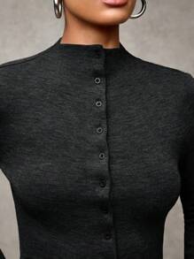 SHEIN BAE 女式纯色前扣长袖衬衫，休闲日常穿着