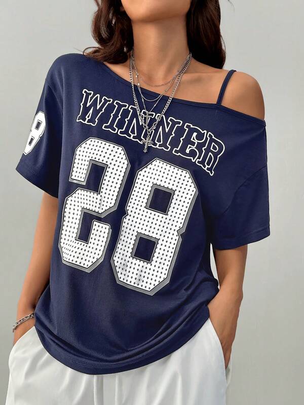SHEIN Coolane Women's Spring Summer Daily Wear Y2K Hip-Hop Rapper Streetwear Knit Number Pattern Star Pattern Stretchy Comfortable Football Jersey Asymmetrical Neck Navy Blue Over Size Shortsleeve Pullover T-Shirt