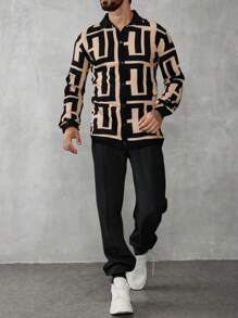 Manfinity Homme Men's Button-Front Long Sleeve Allover Print Casual Shirt & Pants Set - Black - View 1