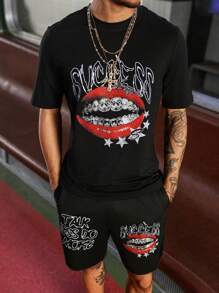 Manfinity EMRG Men's Oversized Graphic Print Round Neck Short Sleeve T-Shirt And Shorts Set, Casual,Men's Black T-Shirt And Shorts Set, With Eye-Catching Red Lips Inlaid With Diamonds And The Word "SUCCESS", Is Fashionable And Street-Style. Suitable For Outdoor Sports Occasions. - Black - View 3