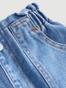 SHEIN 年轻女孩新款度假阳光荷叶边松紧腰舒适柔软水洗宽松休闲时尚牛仔裤 - 中等水洗藍 - 查看 4