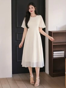 DAZY Elegant Solid Color Round Neck Fitted Waist Midi Dress For Women, Summer Sundress - Beige - View 5