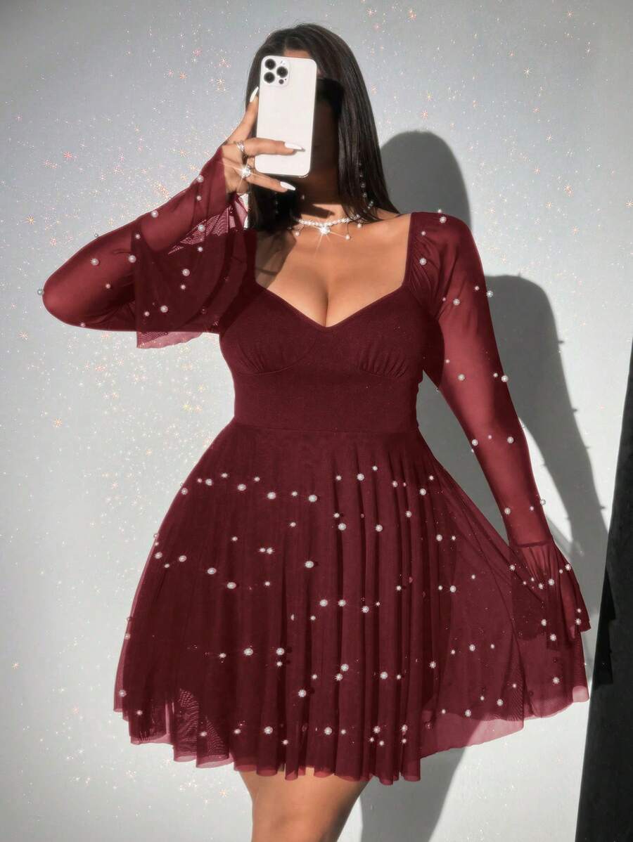 Viva Relle Plus Size Women Pearl Embellished Bell Sleeve Party Midi Dress - Burgundy - View 1