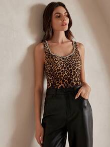 Anewsta Women's Modern Camisole Top With Slim Fit Leopard Print & Rhinestone Trim