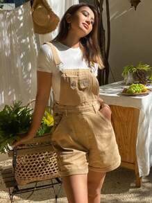 DAZY Women's Casual Solid Color Denim Bib Shorts - Khaki - View 4