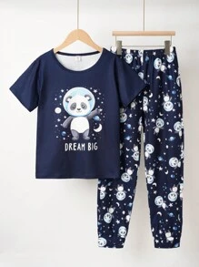SHEIN Boys' Cute Space Panda Short Sleeve & Pants Casual Loose Comfortable Pajama Set - Black - View 3