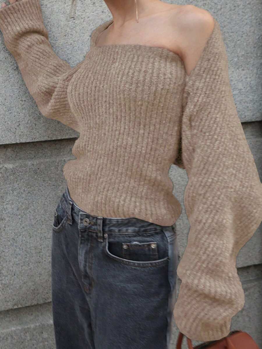 DAZY 2pcs Women Sleeveless Short Jacket And Sweater Set, Apricot Color, Suitable For Spring & Autumn,Fall Women Clothes - Apricot - View 1