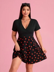 SHEIN EZwear Plus Size Color Block Heart Pattern V-Neck Dress, Suitable For New Year's Eve & Valentine's Day Outfit, For Summer - Multicolor - View 3