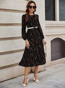 SHEIN Clasi 休闲条纹圆点图案圆领长袖连衣裙，适合春秋季节 - 黑色 - 查看 5