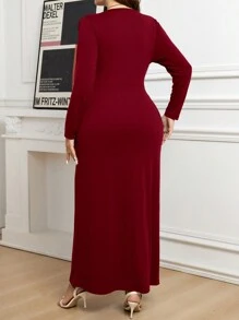 SHEIN Clasi 加大码纯色圆领长袖扭结简约休闲长裙 - 紅色 - 查看 6