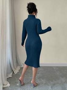 Elenzga Đầm len bó sát cổ cao màu trơn phong cách Giáng sinh cho nữ - Màu xanh lam - Xem 2