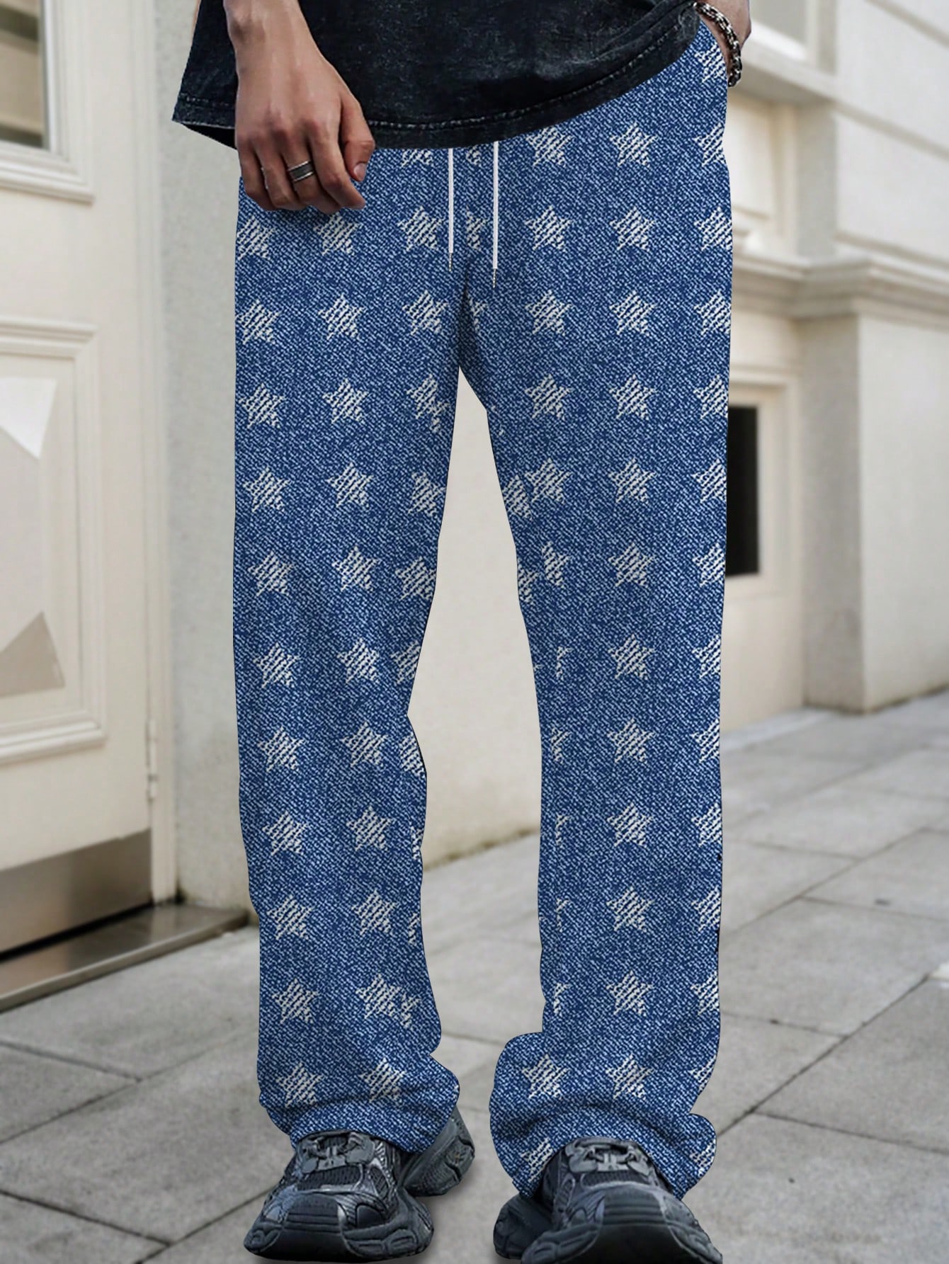 Men's Casual Star Print Drawstring Waist Pants, Jeans-Look