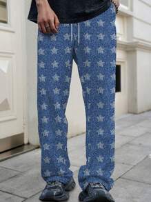 Men's Casual Star Print Drawstring Waist Pants, Jeans-Look - Blue - View 1