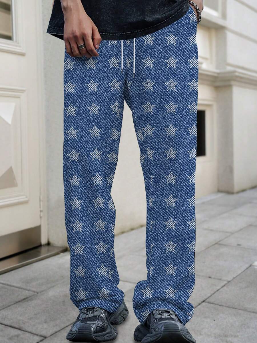 Men's Casual Star Print Drawstring Waist Pants, Jeans-Look - Blue - View 1