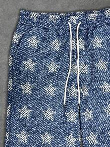 Men's Casual Star Print Drawstring Waist Pants, Jeans-Look - Blue - View 5