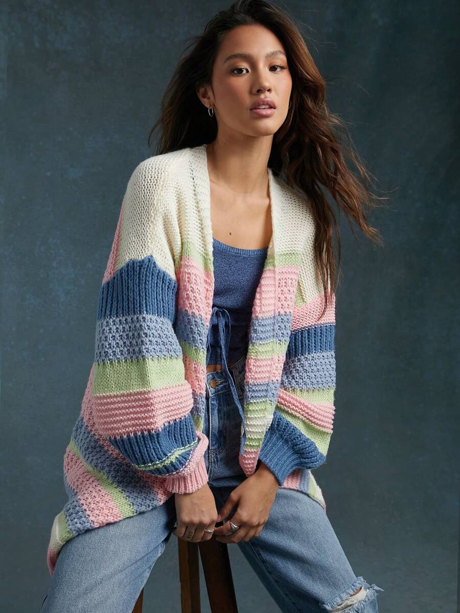 WESTFADE Spring Striped Cozy Open Front Long Sleeve Cardigan Sweater - Multicolor - View 1