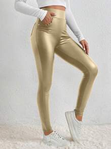 SHEIN Frenchy Solide PU leren bodycon zwarte legging