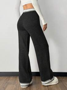 SHEIN Essnce 女士黑色撞色毛衣裤、保暖毛衣、宽松阔腿裤街头裤秋冬女、喇叭女裤、女牛仔裤、冬装、冬季女裤 - 黑色 - 查看 2