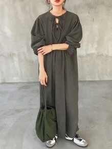FRIFUL Women's Solid Color Front Tie Long Sleeve Simple Casual Long Dress