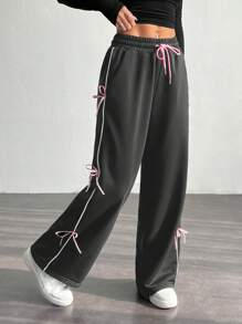 SHEIN PETITE 女士蝴蝶结装饰工装裤 - 灰色 - 查看 7