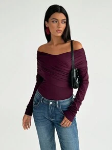 Aloruh 优雅紫色露肩褶皱修身上衣 - 紫色 - 查看 6