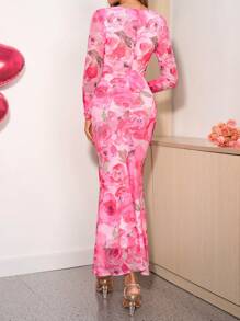 Ellevyn Women's Floral Print Mesh Long Sleeve Fitted Sheath Dress, V Neck, Stretchy, Flattering, Pink & Rose Red, Elegant For Spring/Summer Daily Wear, Party, Date' Valentine's Day