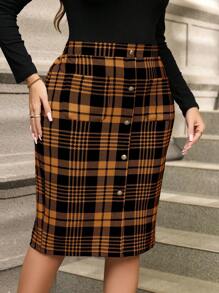 SHEIN Clasi تنورة أنيقة بخط A، أزرار أمامية وجيوب، بنقشة كاروهات، مظهر بسيط للاستخدام اليومي للمقاسات الكبيرة