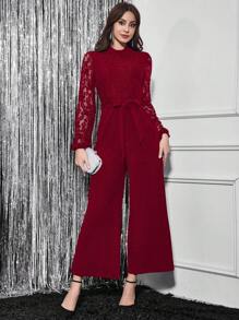 SHEIN Clasi Women's Solid Color Lace Patchwork Long Sleeve Tie Front Casual Red Jumpsuit - Burgundy - View 2