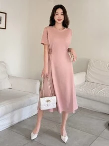 DAZY Solid Color Round Neck Loose T-Shirt Dress For Women, Mid-Length Sundress - Pink - View 3