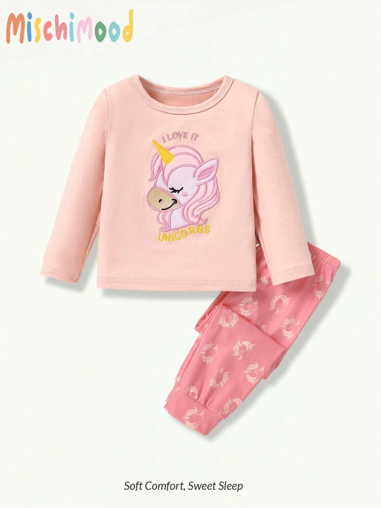 2pcs Baby/Baby Girl Adorable Unicorn Cartoon Pattern Pink Series Long Sleeve Top And Long Pants Casual Homewear Set - Pink - View 1