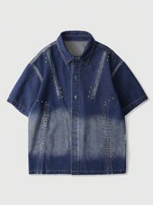 ROMWE MEN Street Life Men's Front Button Short Sleeve Pocket Casual Denim Top - Bronze - View 1