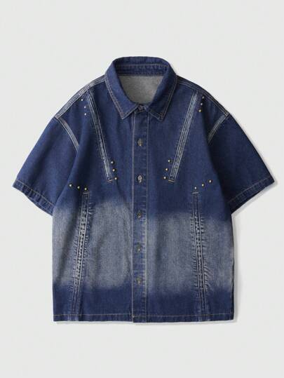 Grunge Punk Camicia casual in jeans da uomo con bottoni frontali e tasche a maniche corte