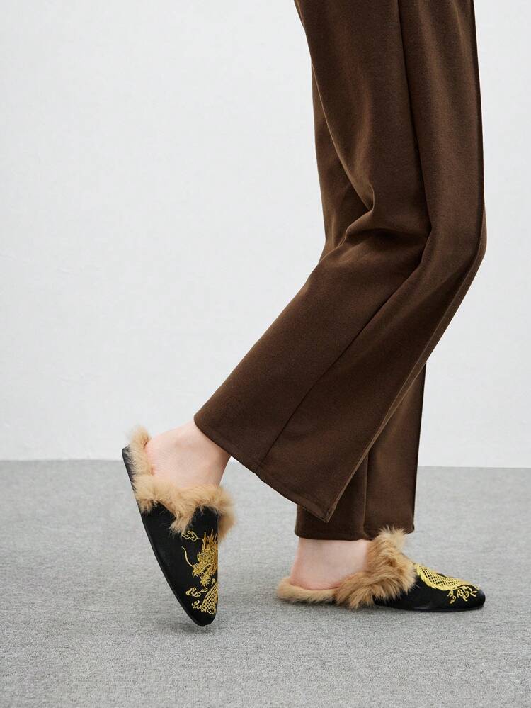 CUCCOO BIZCHIC Comfortable Fashion Black Velvet Embroidered Flat Mules With Gold Thread, Square Toe Women Flat Shoes Valentine's Day