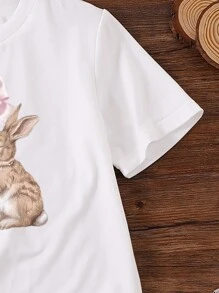 SHEIN Tween Girls Casual Rabbit & Bow Print Short Sleeve T-Shirt - White - View 5