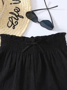 SHEIN Teen Girls' Black Woven Textured Jacquard Bubble Grid High Waist Drawstring Loose Vacation Casual Versatile Shorts