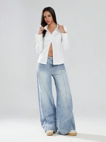 SHEIN Unity 1 件女式休闲高领长款修身拉链衬衫，白色，冬季