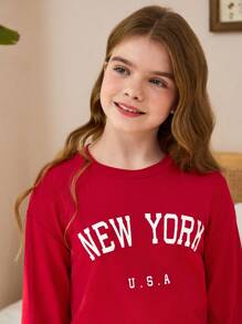 SHEIN 2pcs Girls Letter Print Long Sleeve Casual Top & Loose Pants Loungewear Set, Wine Red - Burgundy - View 5