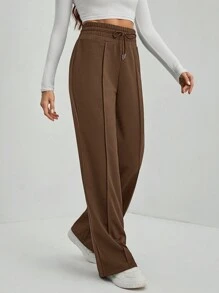 SHEIN Tall Solid Drawstring Waist Wide Leg Brown Sweatpants - Mocha Brown - View 3